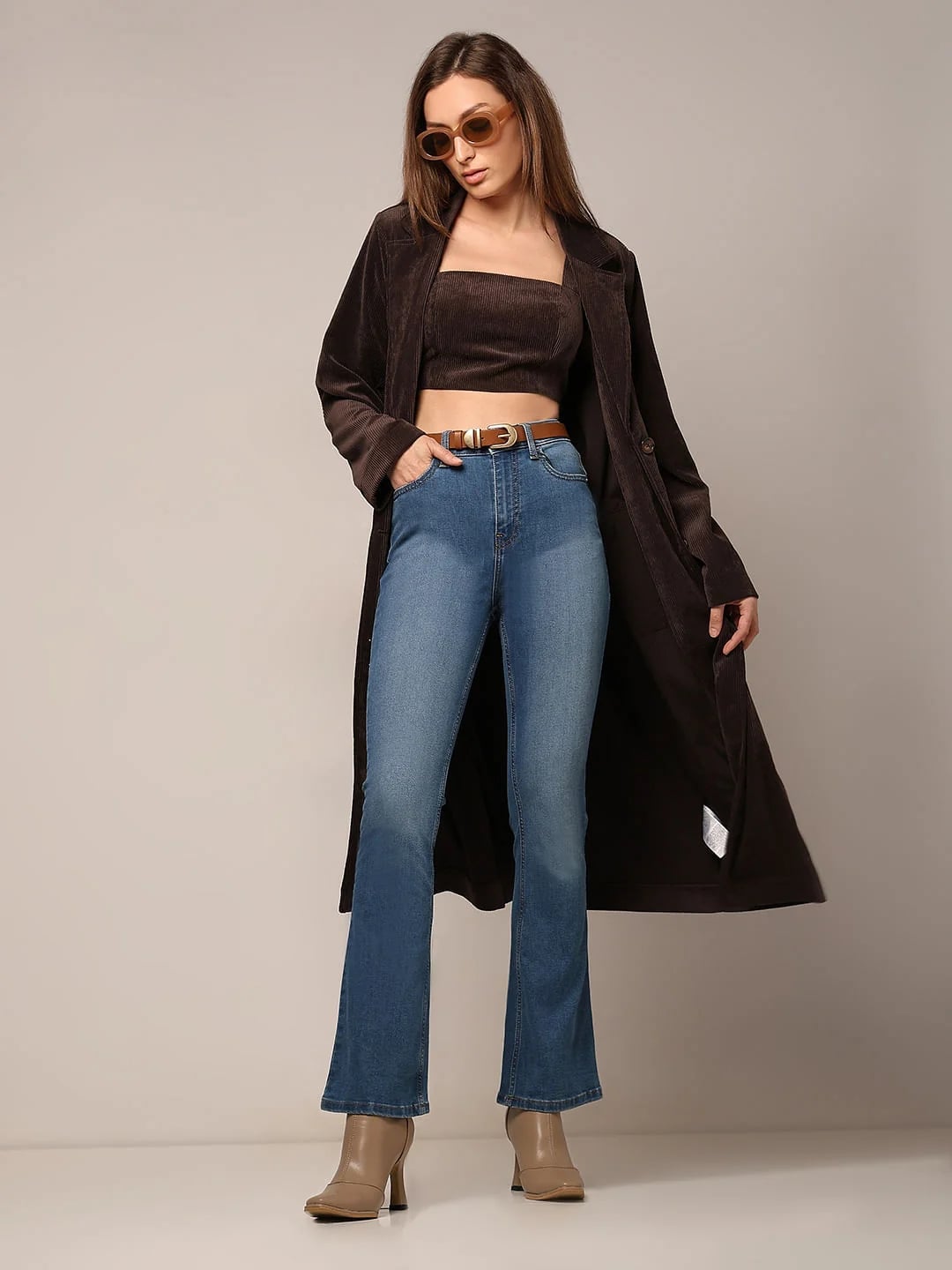 Blue Bootcut Jeans With Brown Crop Top And Long Coat Blue Bootcut Jeans With Brown Crop Top And Long Coat — Bootcut Jeans Outfits 2027 with Crop Top