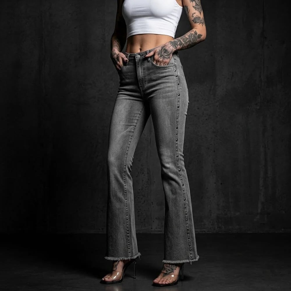 Gray Bootcut Jeans With Studs And White Crop Top, Clear Heeled Sandals Gray Bootcut Jeans With Studs And White Crop Top, Clear Heeled Sandals — Bootcut Jeans Outfits 2027 with Crop Top
