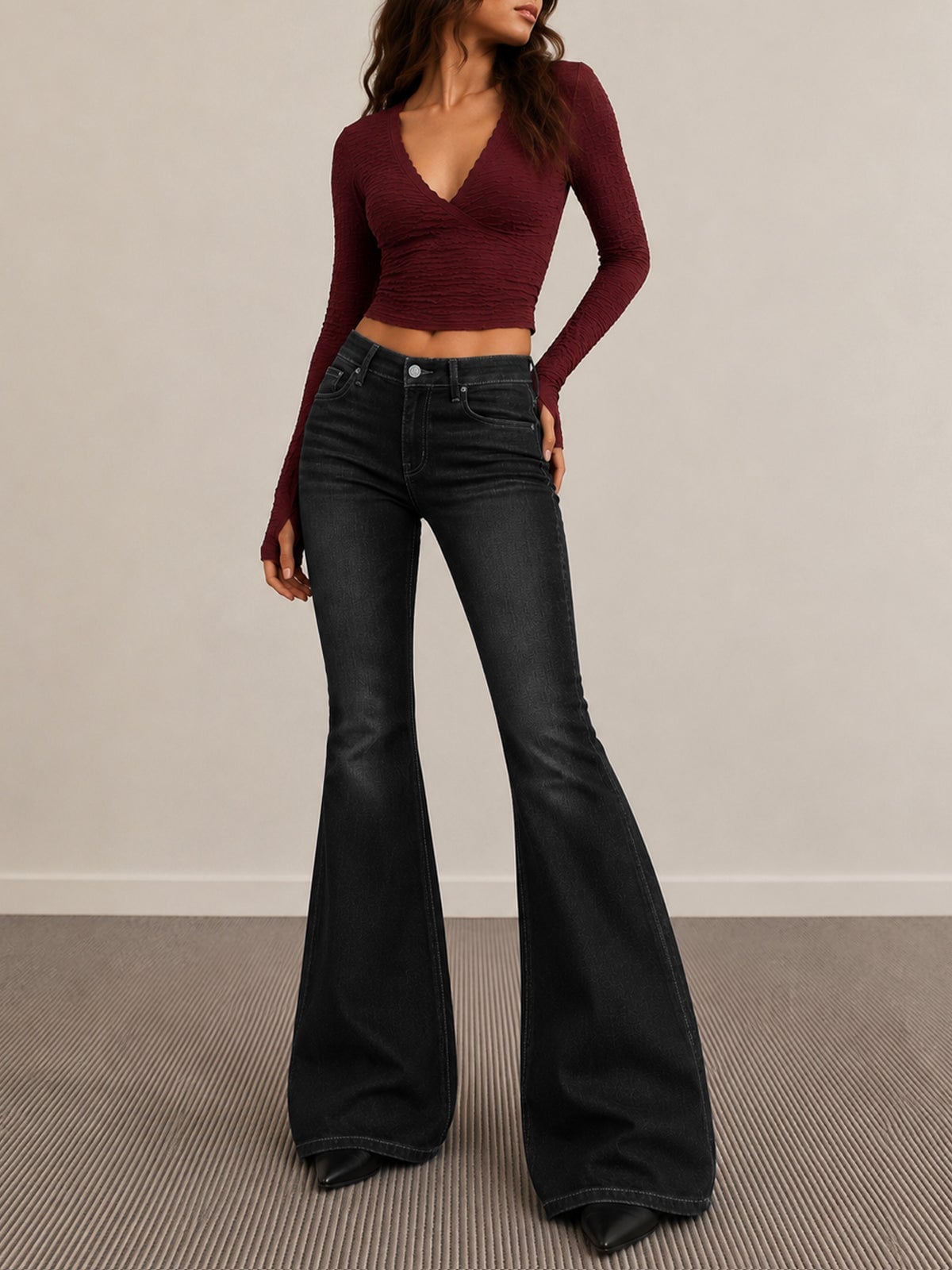 Charcoal Bootcut Jeans With Textured Burgundy Crop Top, Close-Up Take Charcoal Bootcut Jeans With Textured Burgundy Crop Top, Close-Up Take — Bootcut Jeans Outfits 2027 with Crop Top