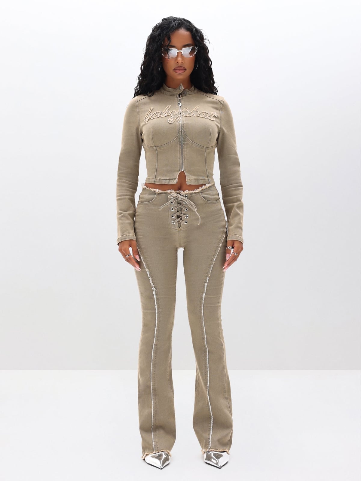 Tan Bootcut Jeans With Lace-Up Detail, Office-Safe Version Tan Bootcut Jeans With Lace-Up Detail, Office-Safe Version — Bootcut Jeans Outfits 2027 with Crop Top