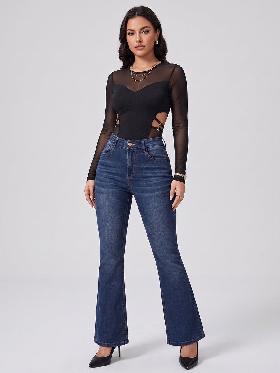 Blue High-Waist Bootcut Jeans With Black Mesh Bodysuit, Close-Up Take Blue High-Waist Bootcut Jeans With Black Mesh Bodysuit, Close-Up Take — Bootcut Jeans Outfits 2027 with Crop Top