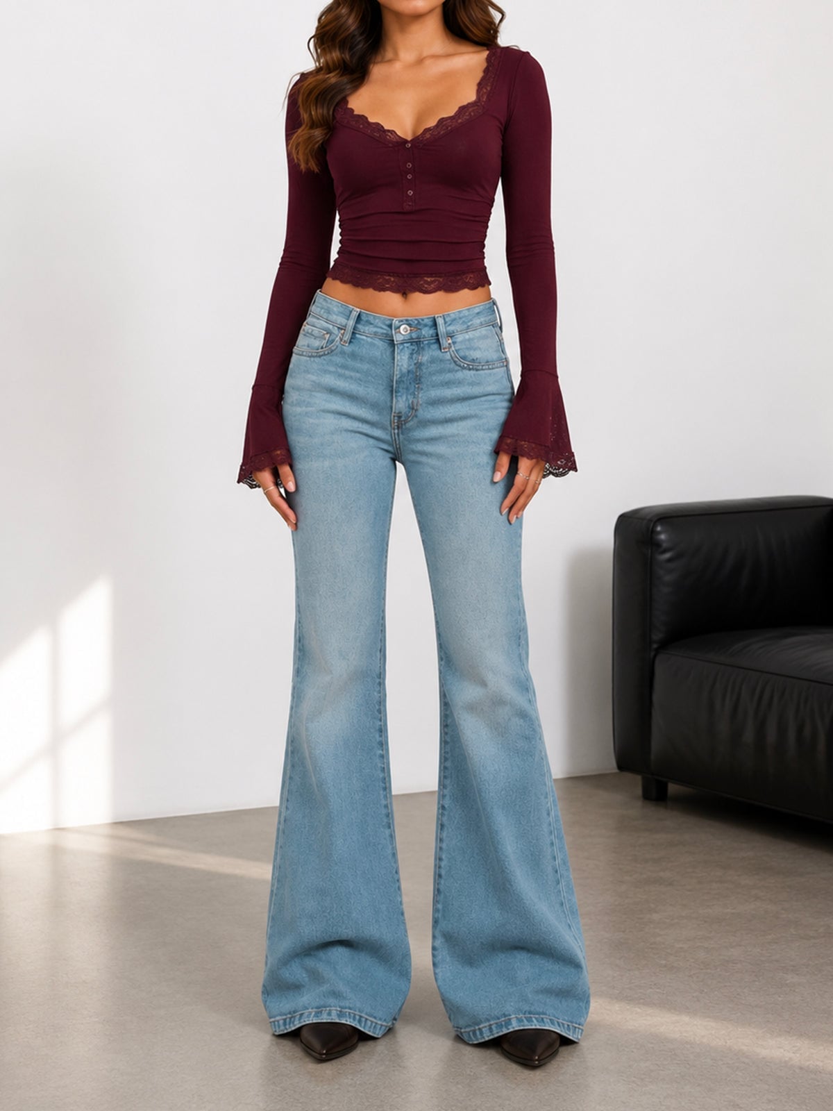 Light Wash Flared Jeans With Burgundy Lace Trim Crop, Close-Up Take Light Wash Flared Jeans With Burgundy Lace Trim Crop, Close-Up Take — Bootcut Jeans Outfits 2027 with Crop Top