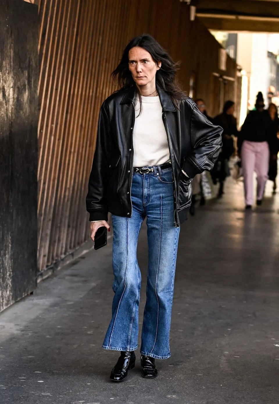 High Waisted Blue Bootcut Jeans With Black Leather Bomber Jacket High Waisted Blue Bootcut Jeans With Black Leather Bomber Jacket — Bootcut Jeans Outfits 2027 with Leather Jacket