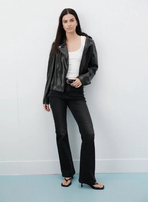 Gray Wash Bootcut Jeans With White Tank And Black Leather Moto Jacket Gray Wash Bootcut Jeans With White Tank And Black Leather Moto Jacket — Bootcut Jeans Outfits 2027 with Leather Jacket