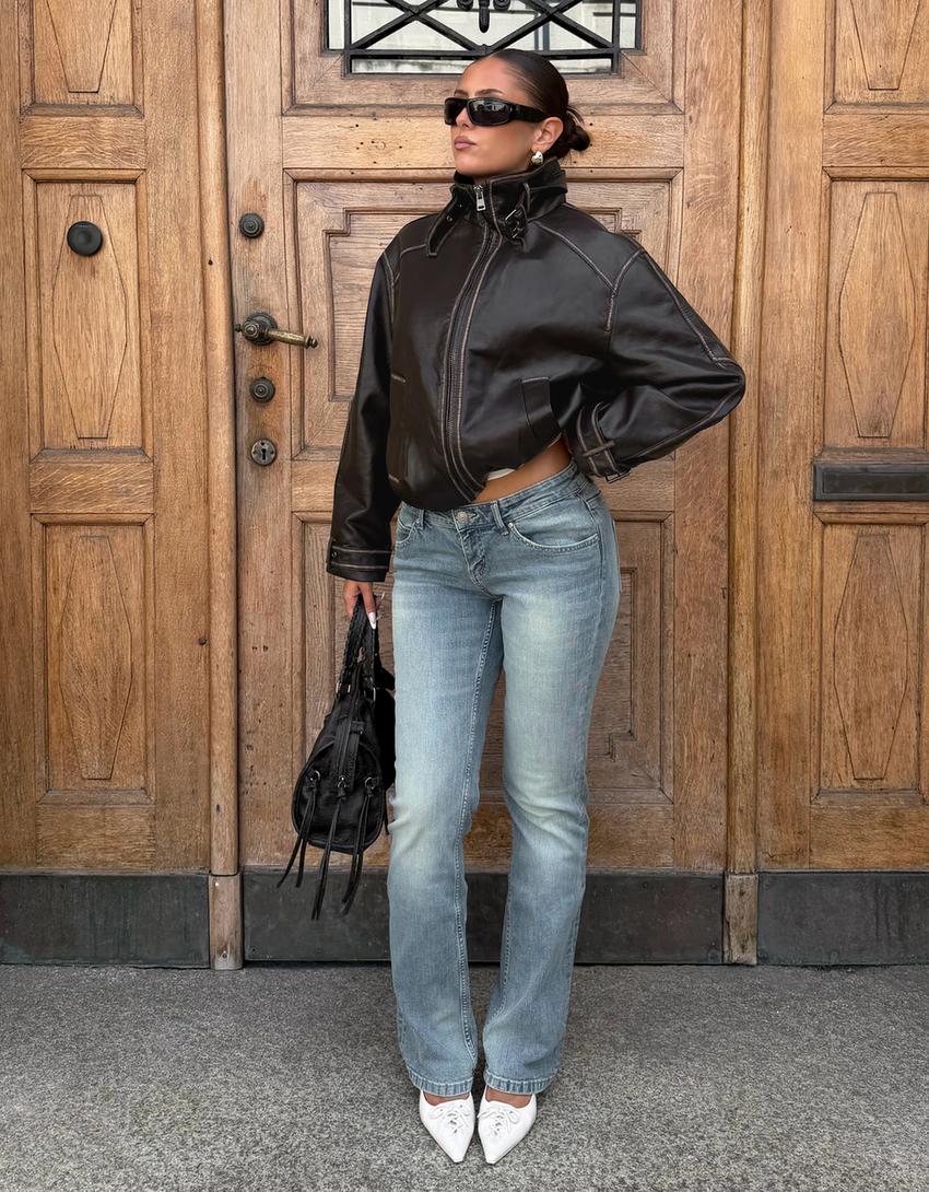 Low Rise Bootcut Jeans With Brown Leather Jacket Low Rise Bootcut Jeans With Brown Leather Jacket — Bootcut Jeans Outfits 2027 with Leather Jacket