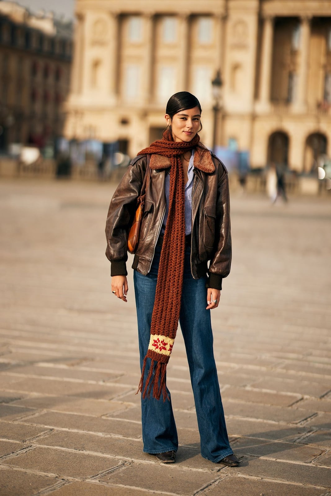 Blue Bootcut Jeans With Brown Bomber Jacket And Knit Scarf Blue Bootcut Jeans With Brown Bomber Jacket And Knit Scarf — Bootcut Jeans Outfits 2027 with Leather Jacket