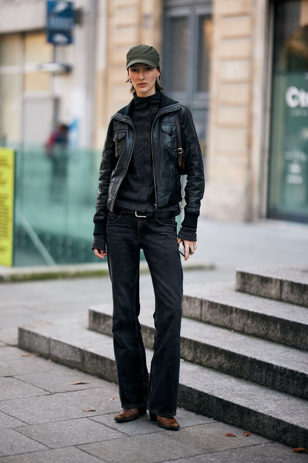 Dark Wash Bootcut Jeans With Gray Turtleneck And Black, Close-Up Take Dark Wash Bootcut Jeans With Gray Turtleneck And Black, Close-Up Take — Bootcut Jeans Outfits 2027 with Leather Jacket