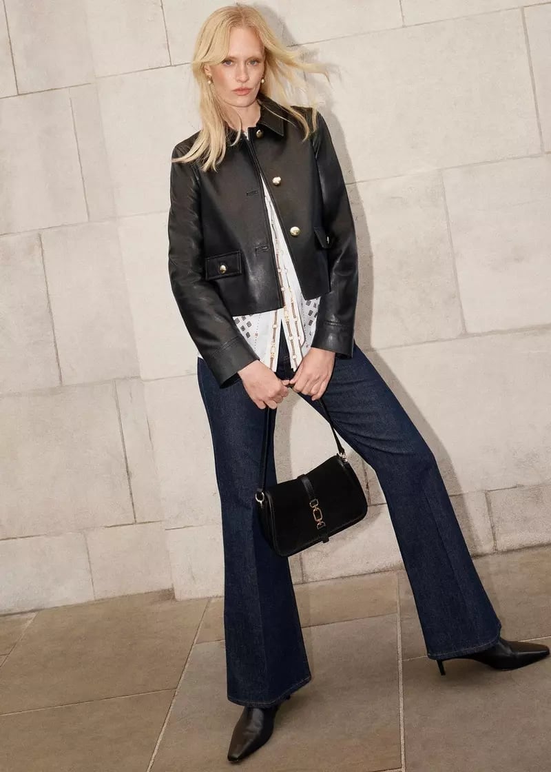 Dark Wash Bootcut Jeans With Printed Blouse, Everyday Version Dark Wash Bootcut Jeans With Printed Blouse, Everyday Version — Bootcut Jeans Outfits 2027 with Leather Jacket