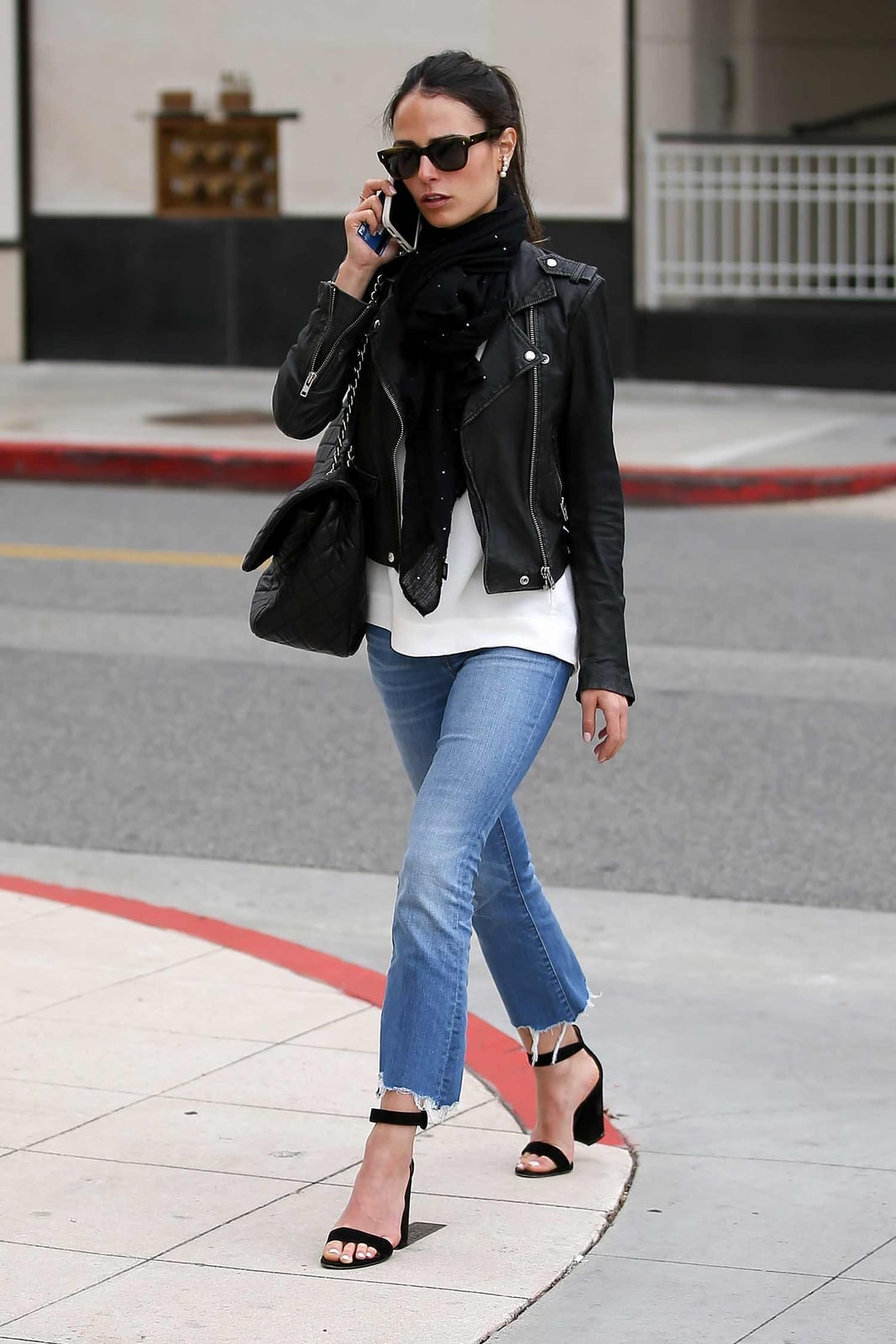Blue Bootcut Jeans With Biker Jacket And Black Scarf, Everyday Version Blue Bootcut Jeans With Biker Jacket And Black Scarf, Everyday Version — Bootcut Jeans Outfits 2027 with Leather Jacket