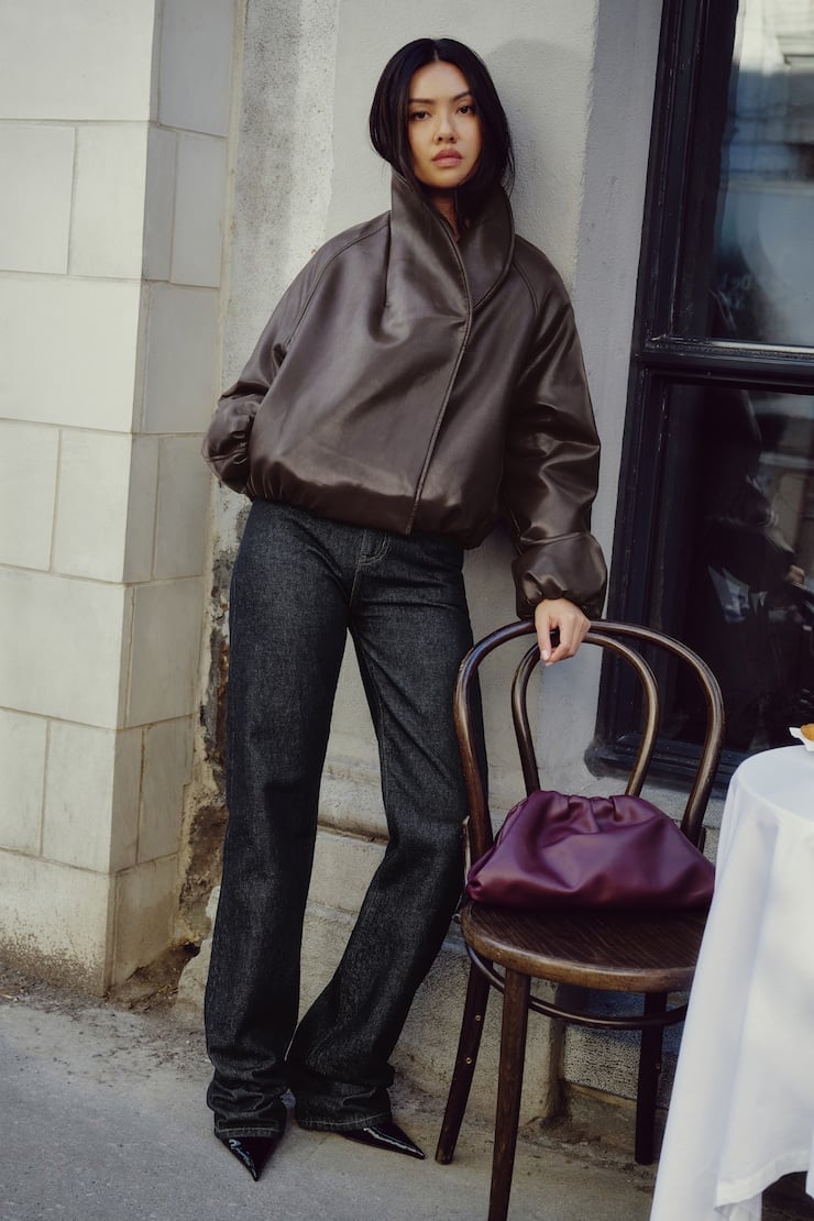 Dark Gray Bootcut Jeans With Oversized Brown Leather, Everyday Version Dark Gray Bootcut Jeans With Oversized Brown Leather, Everyday Version — Bootcut Jeans Outfits 2027 with Leather Jacket