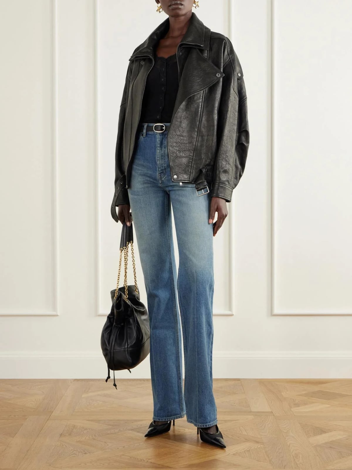 High Waisted Bootcut Jeans With Black Leather Moto Jacket, Blue Denim High Waisted Bootcut Jeans With Black Leather Moto Jacket, Blue Denim — Bootcut Jeans Outfits 2027 with Leather Jacket