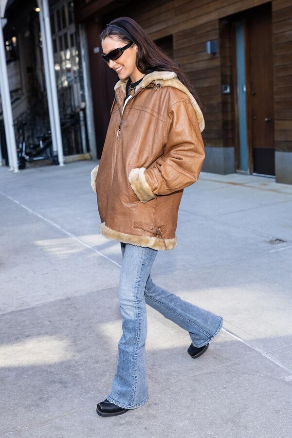 Medium Blue Bootcut Jeans With Shearling Lined Leather, Close-Up Take Medium Blue Bootcut Jeans With Shearling Lined Leather, Close-Up Take — Bootcut Jeans Outfits 2027 with Leather Jacket