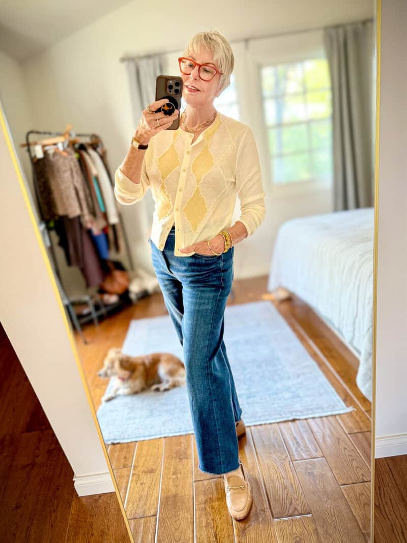 Dark wash bootcut jeans with an argyle cardigan Dark wash bootcut jeans with an argyle cardigan — Bootcut Jeans Outfits 2027 with Loafers