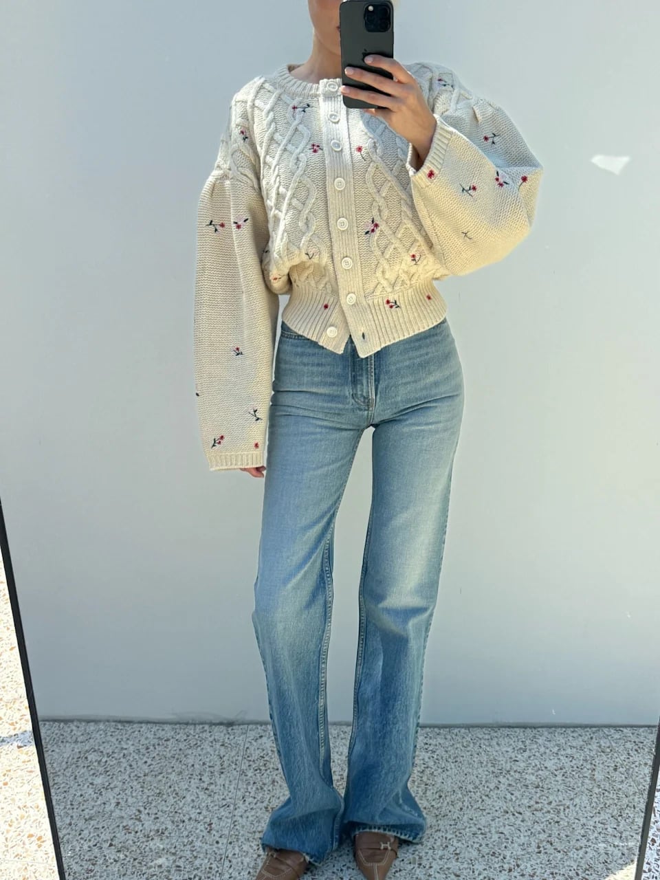 Wide leg bootcut jeans with an embroidered cardigan, Everyday Version Wide leg bootcut jeans with an embroidered cardigan, Everyday Version — Bootcut Jeans Outfits 2027 with Loafers