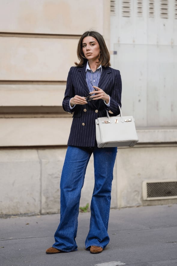Blue bootcut jeans with a pinstripe blazer Blue bootcut jeans with a pinstripe blazer — Bootcut Jeans Outfits 2027 with Loafers