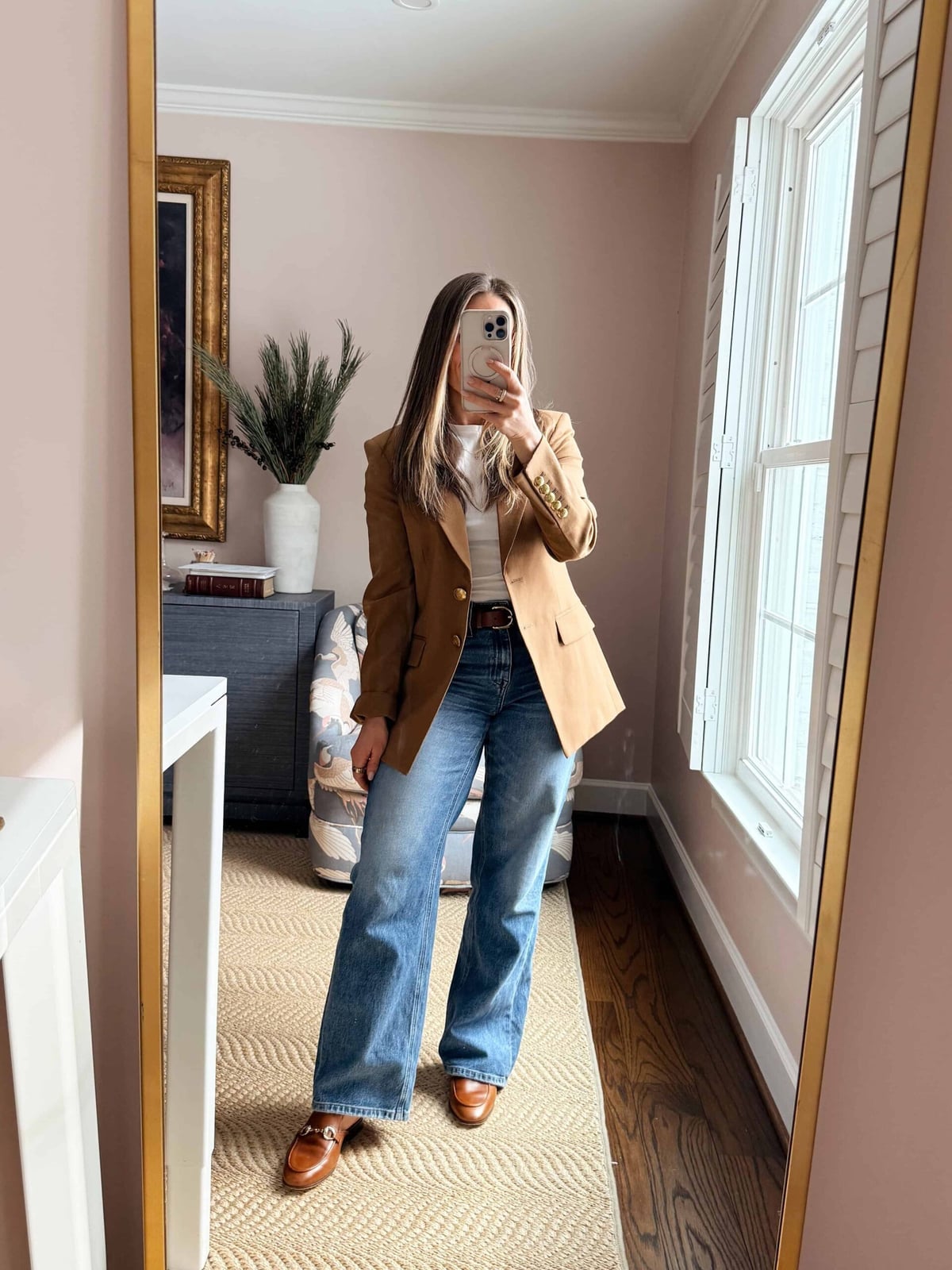 Blue bootcut jeans with a camel blazer Blue bootcut jeans with a camel blazer — Bootcut Jeans Outfits 2027 with Loafers