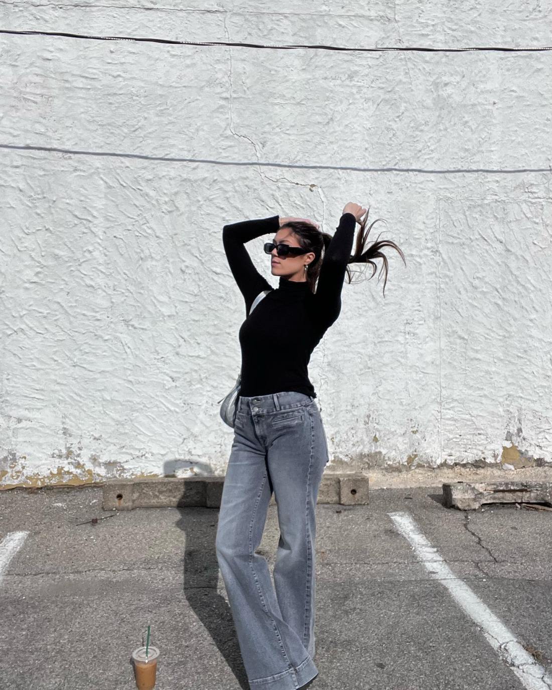 Gray wide leg jeans with a black turtleneck Gray wide leg jeans with a black turtleneck — Bootcut Jeans Outfits 2027 with Loafers