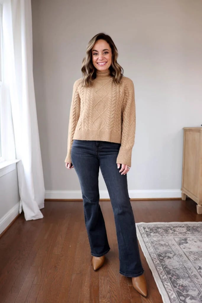 Dark Wash Bootcut Jeans With Camel Turtleneck Sweater Dark Wash Bootcut Jeans With Camel Turtleneck Sweater — Bootcut Jeans Outfits 2027 with Sweater