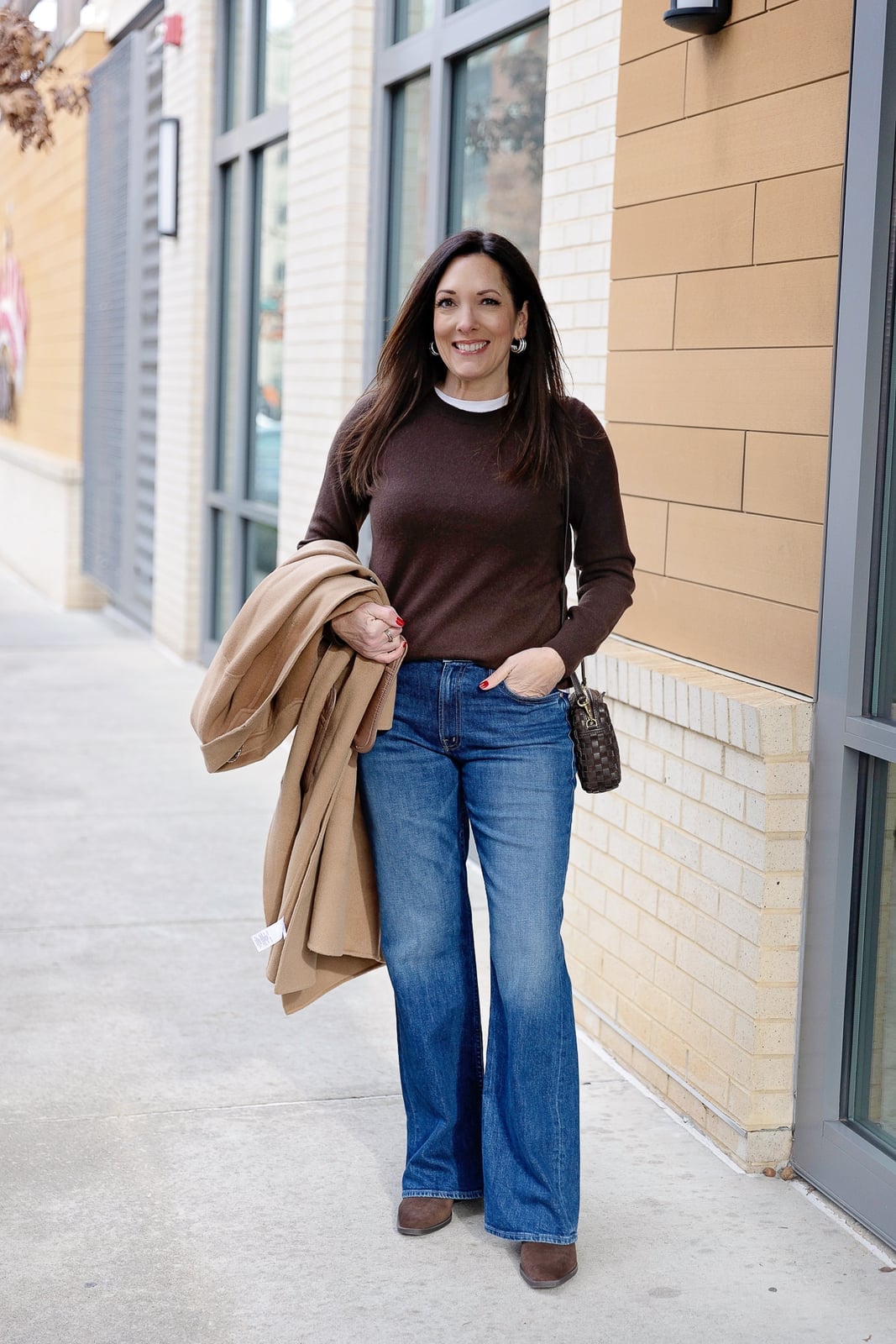 Blue Bootcut Jeans With Brown Sweater and Camel Coat Blue Bootcut Jeans With Brown Sweater and Camel Coat — Bootcut Jeans Outfits 2027 with Sweater