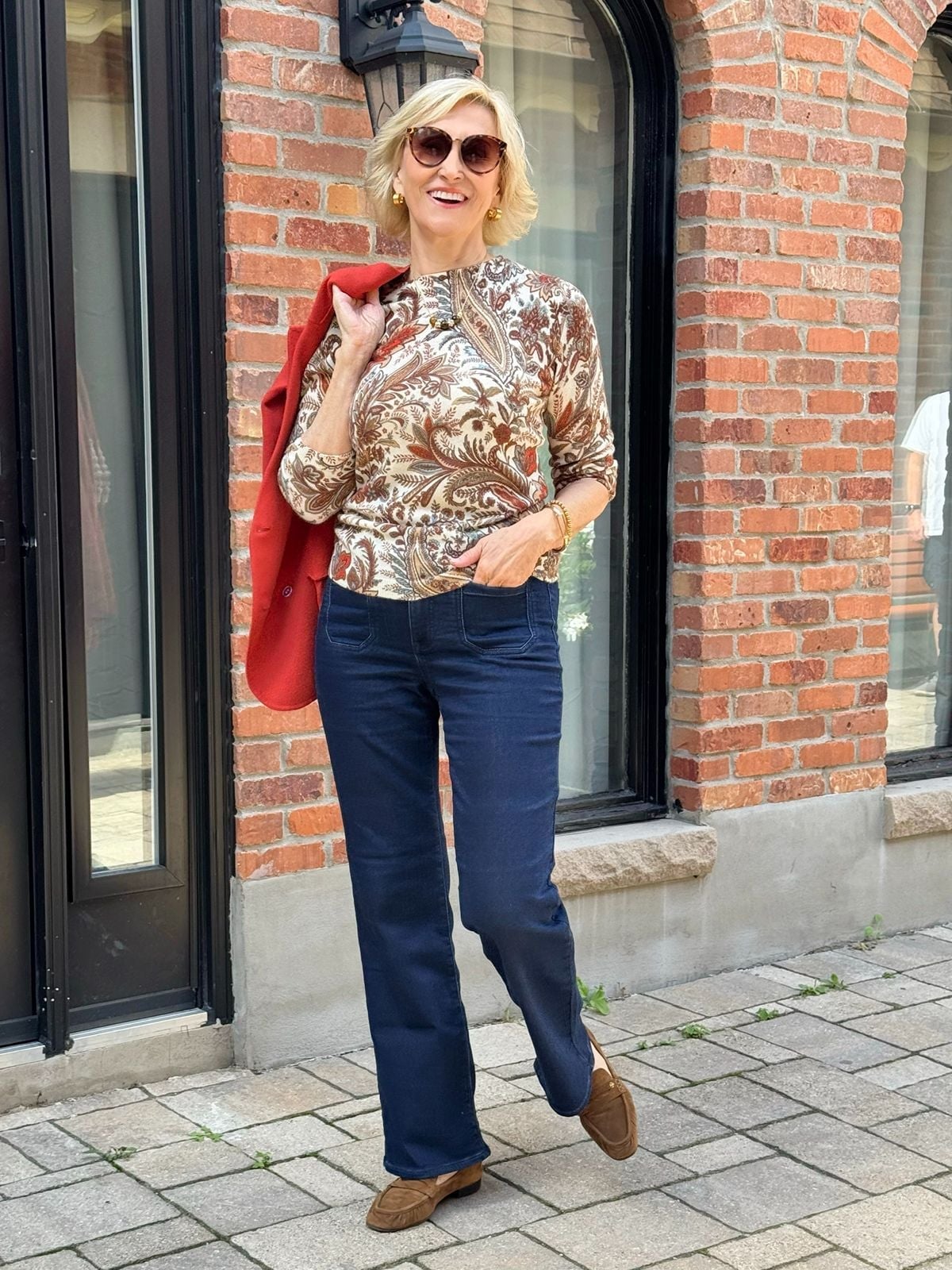 Dark Wash Bootcut Jeans With Paisley Top and Rust Blazer Dark Wash Bootcut Jeans With Paisley Top and Rust Blazer — Bootcut Jeans Outfits 2027 with Sweater