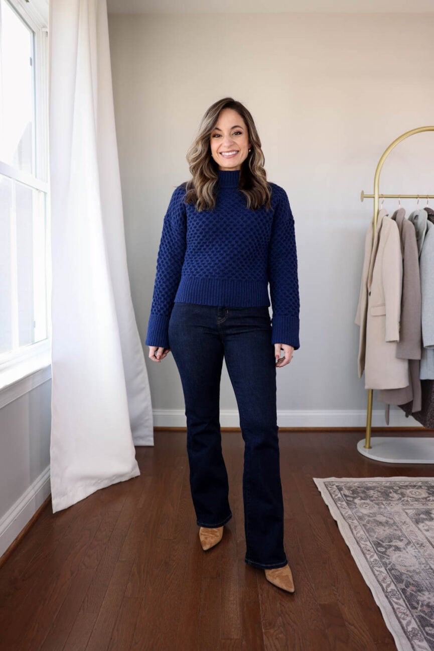 Dark Wash Bootcut Jeans With Royal Blue Textured Sweater Dark Wash Bootcut Jeans With Royal Blue Textured Sweater — Bootcut Jeans Outfits 2027 with Sweater