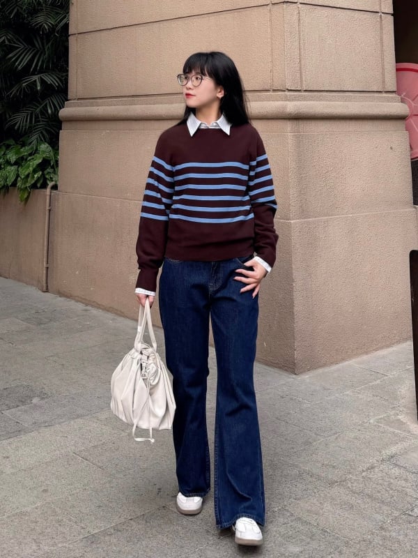 Dark Wash Bootcut Jeans With Striped Sweater and White Shirt Dark Wash Bootcut Jeans With Striped Sweater and White Shirt — Bootcut Jeans Outfits 2027 with Sweater