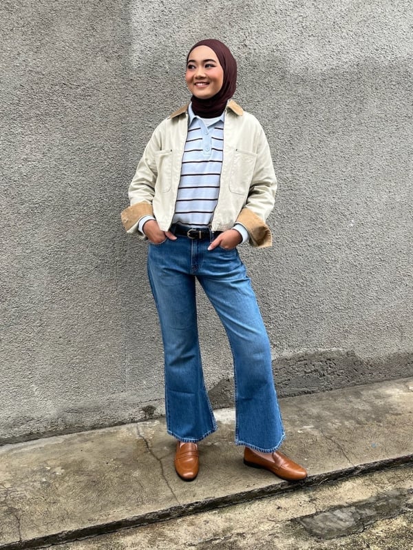 Blue Bootcut Jeans With Beige Corduroy Jacket and Striped Shirt Blue Bootcut Jeans With Beige Corduroy Jacket and Striped Shirt — Bootcut Jeans Outfits 2027 with Sweater