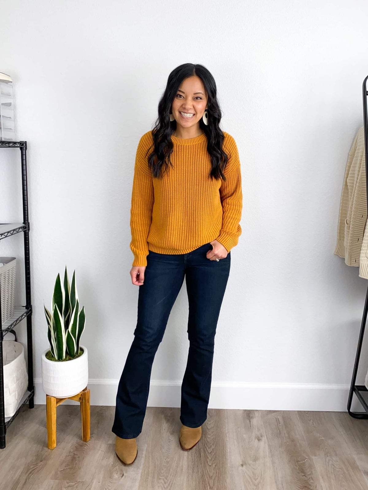 Dark Wash Bootcut Jeans With Mustard Yellow Ribbed Sweater Dark Wash Bootcut Jeans With Mustard Yellow Ribbed Sweater — Bootcut Jeans Outfits 2027 with Sweater