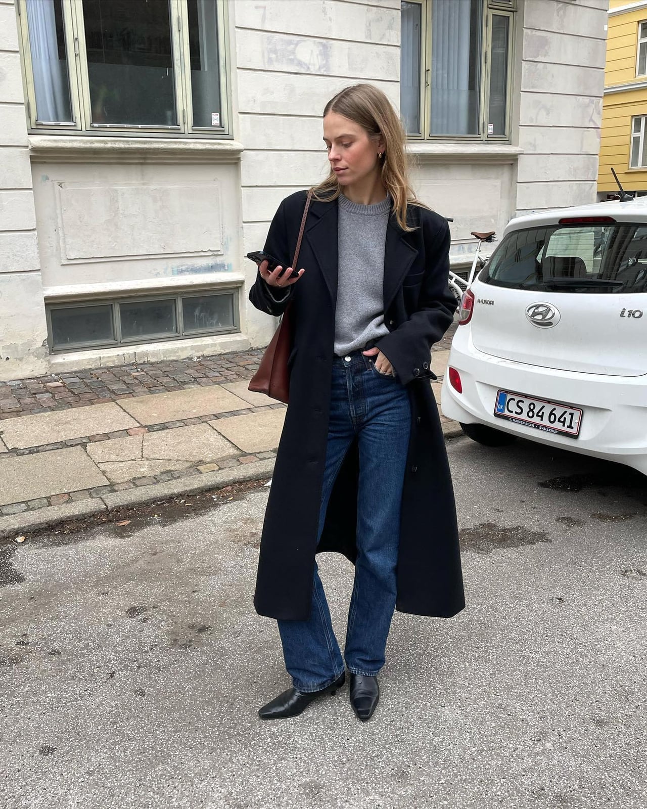 Dark Wash Jeans Under Long Black Coat and Gray Sweater Dark Wash Jeans Under Long Black Coat and Gray Sweater — Bootcut Jeans Outfits 2027 with Sweater