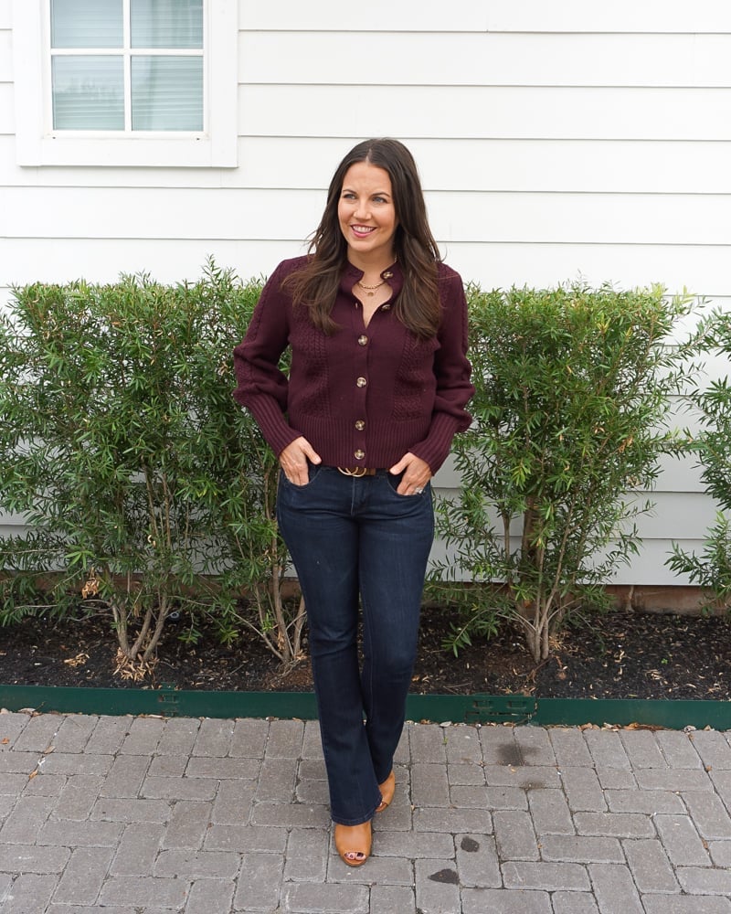 Dark Wash Bootcut Jeans With Burgundy Cardigan Dark Wash Bootcut Jeans With Burgundy Cardigan — Bootcut Jeans Outfits 2027 with Sweater