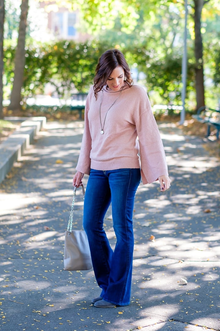 Dark Wash Bootcut Jeans With Pink Bell Sleeve Sweater Dark Wash Bootcut Jeans With Pink Bell Sleeve Sweater — Bootcut Jeans Outfits 2027 with Sweater