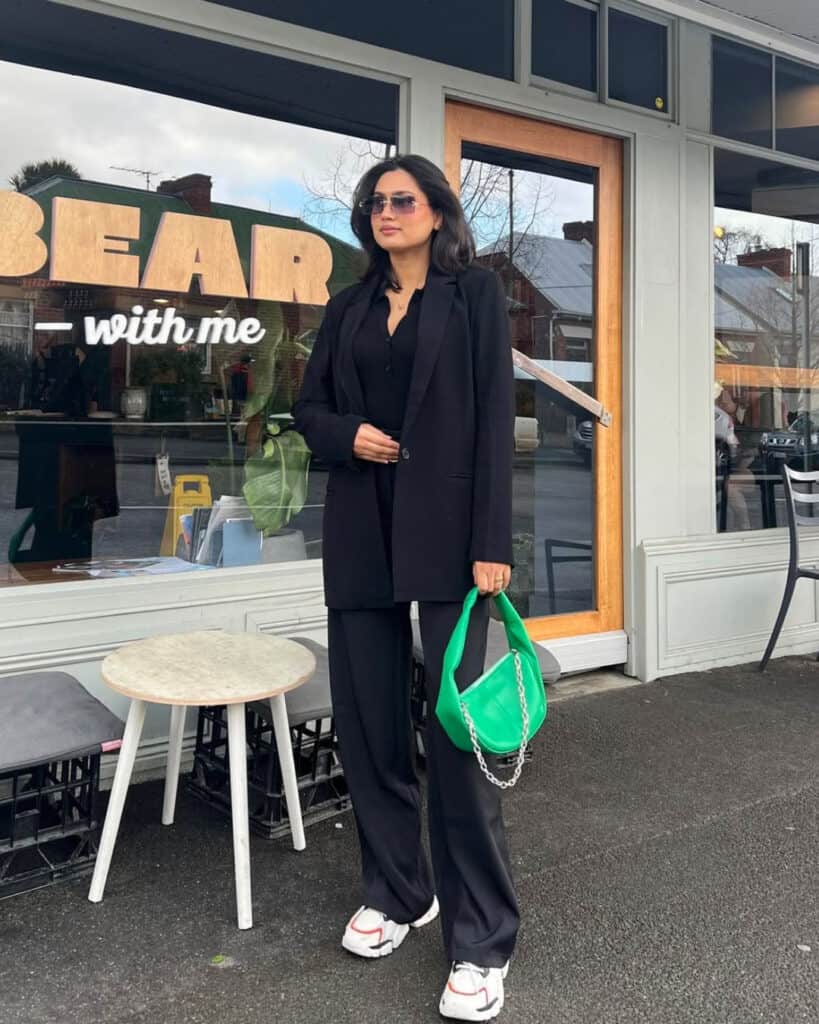 Black Oversized Blazer with Bright Green Handbag Black Oversized Blazer with Bright Green Handbag — Bottomless Brunch Outfits 2027