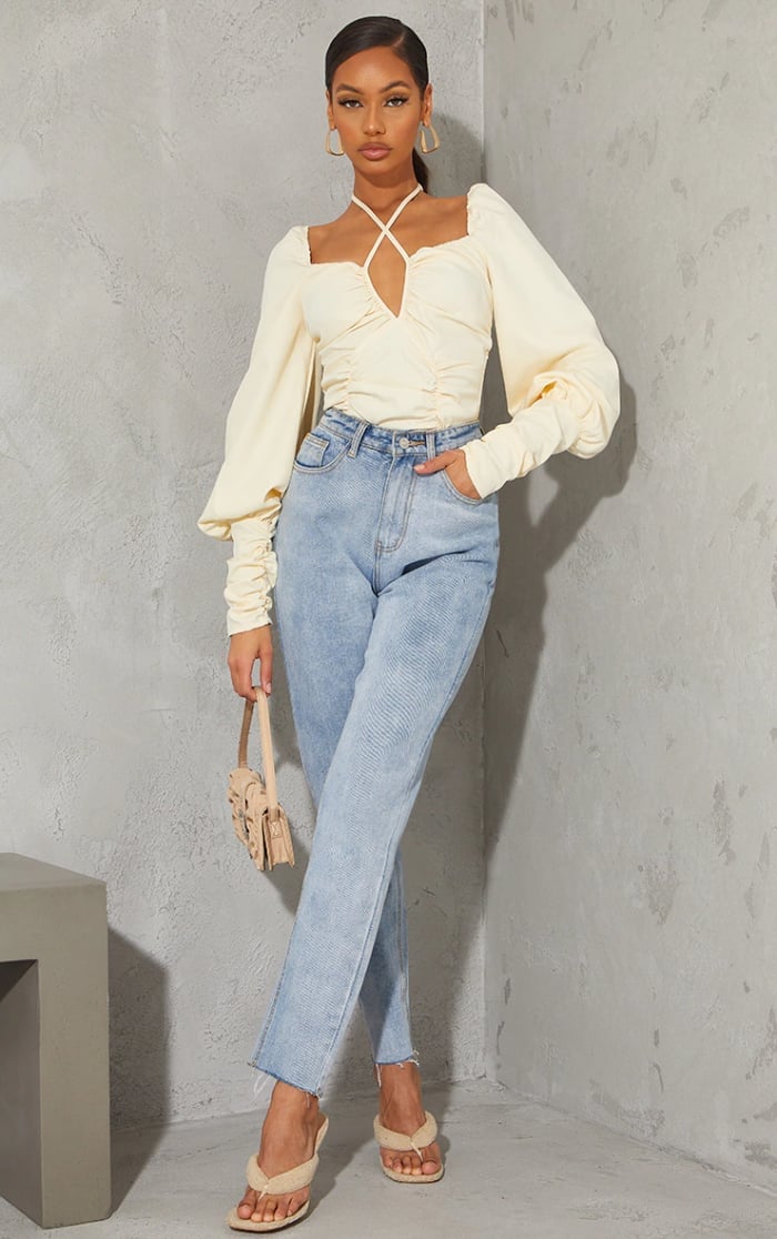 Cream Ruched Top with Light Blue Jeans Cream Ruched Top with Light Blue Jeans — Bottomless Brunch Outfits 2027