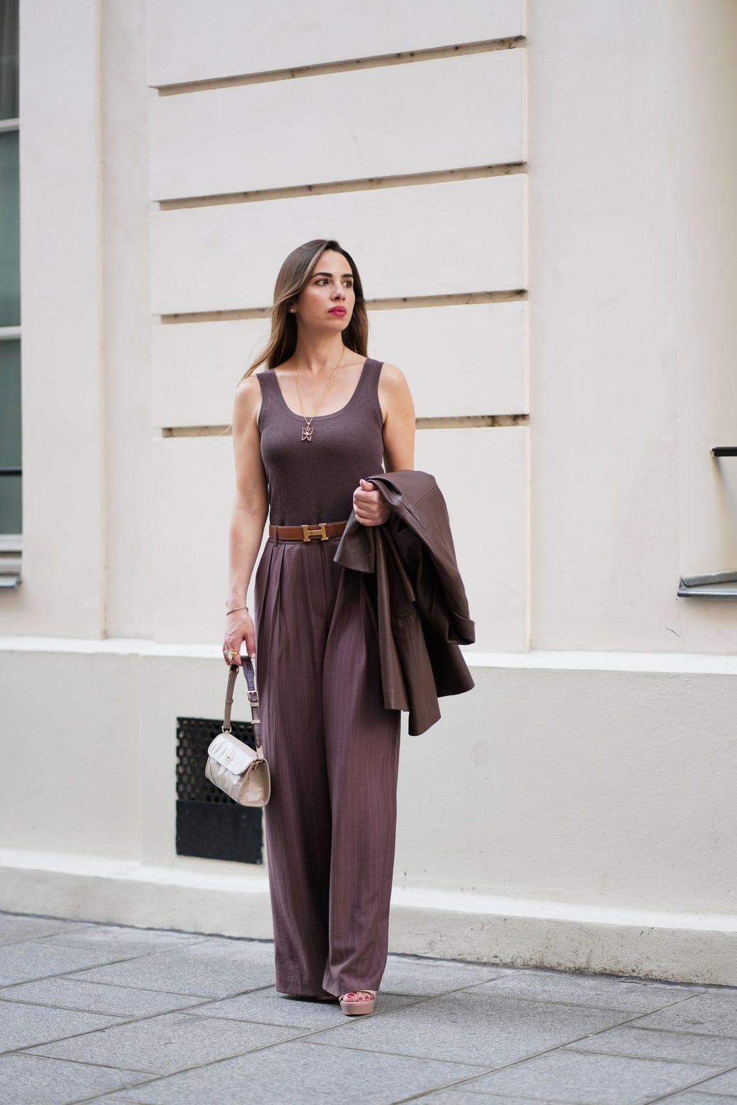 Pinstripe Wide Leg Trousers with Draped Blazer Pinstripe Wide Leg Trousers with Draped Blazer — Bottomless Brunch Outfits 2027