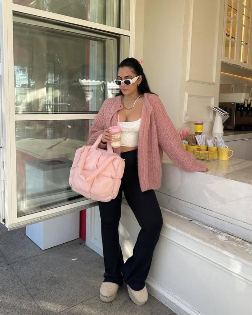 Oversized Pink Cardigan Over Tank Top Oversized Pink Cardigan Over Tank Top — Bottomless Brunch Outfits 2027