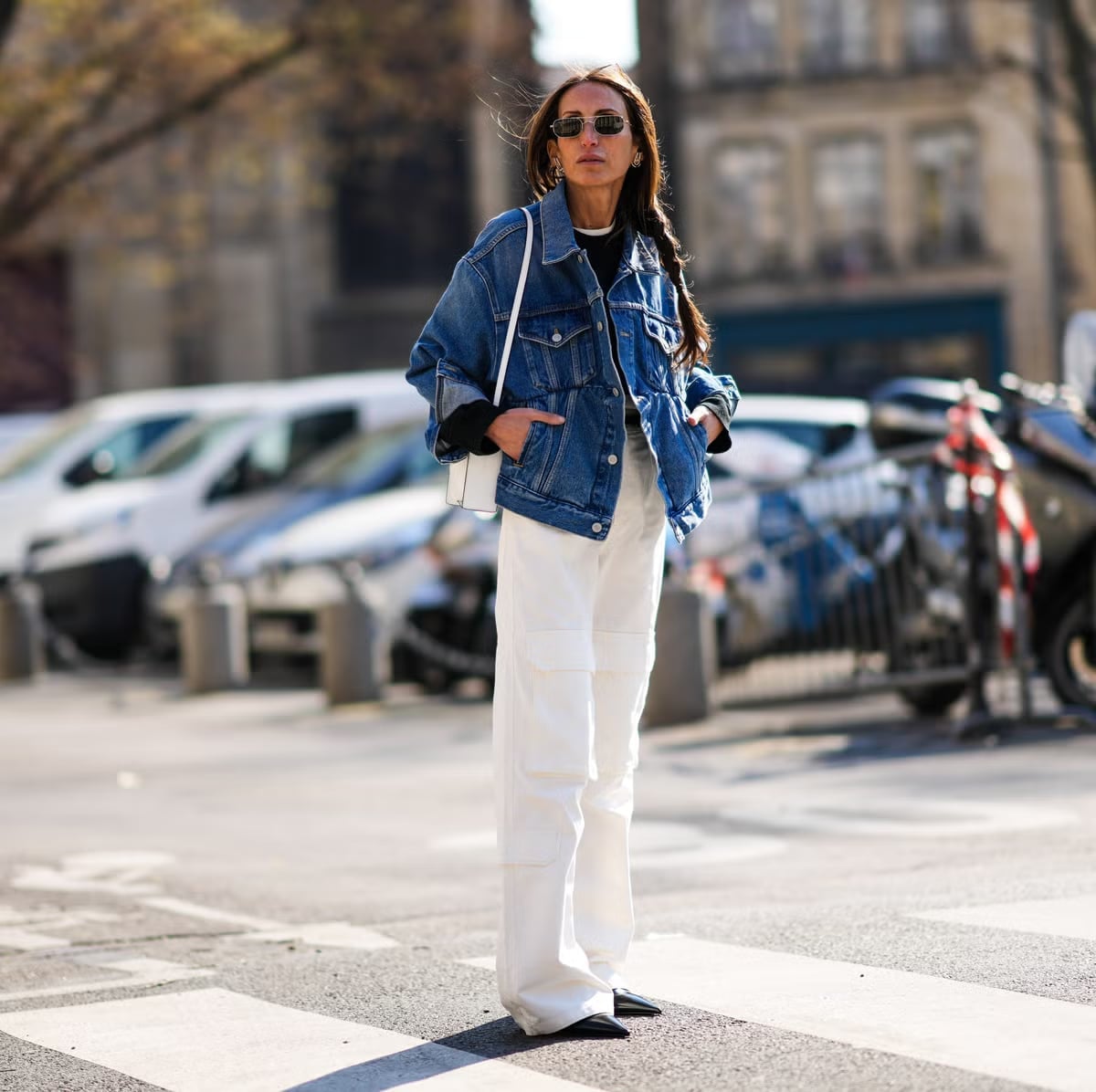 Oversized Denim Jacket with White Wide-Leg Pants, Black Loafers Oversized Denim Jacket with White Wide-Leg Pants, Black Loafers — Bottomless Brunch Outfits 2027