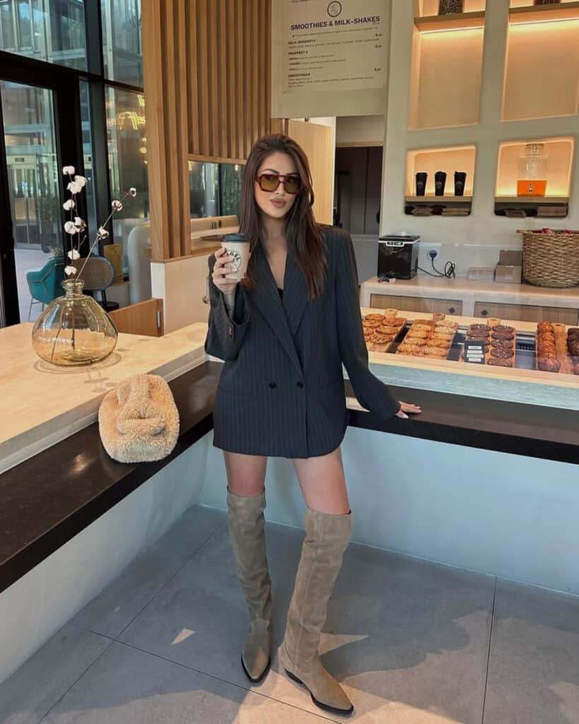 Gray Pinstripe Blazer Over Mini Dress Gray Pinstripe Blazer Over Mini Dress — Bottomless Brunch Outfits 2027