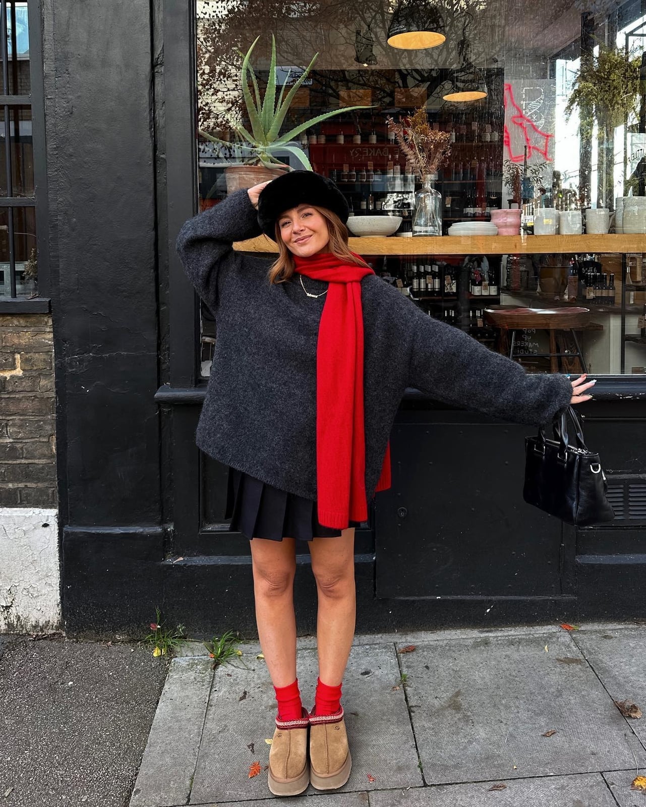 Charcoal Sweater with Red Socks and Clogs Charcoal Sweater with Red Socks and Clogs — Bottomless Brunch Outfits 2027