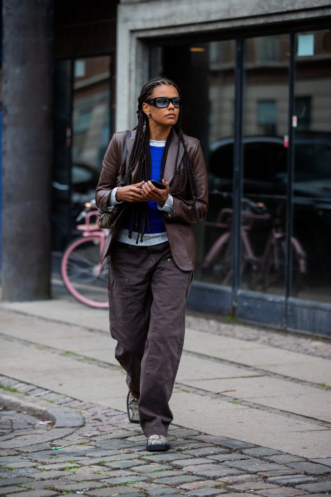 Oversized Leather Blazer with Striped Sweater Oversized Leather Blazer with Striped Sweater — Bottomless Brunch Outfits 2027