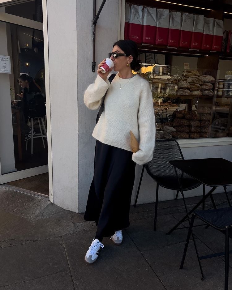 Oversized Knit Sweater Over Midi Skirt Oversized Knit Sweater Over Midi Skirt — Bottomless Brunch Outfits 2027