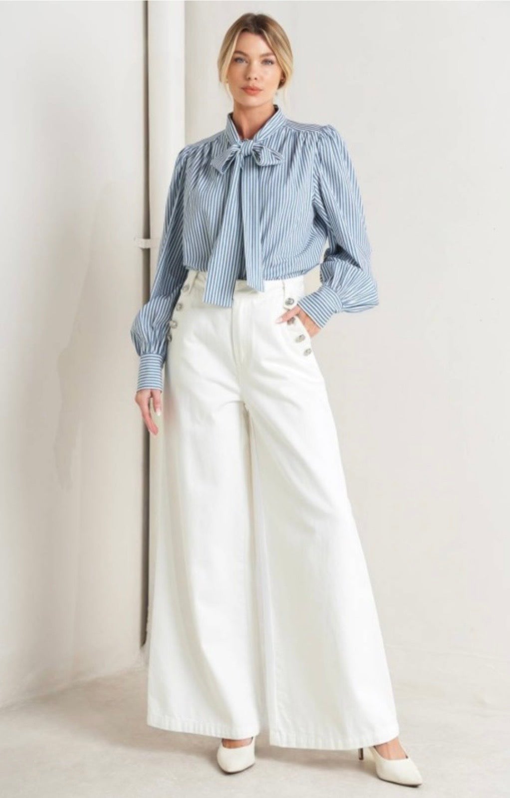 Striped Bow Blouse With White Wide Leg Trousers, Close-Up Take Striped Bow Blouse With White Wide Leg Trousers, Close-Up Take — Bow Blouse Outfits 2027