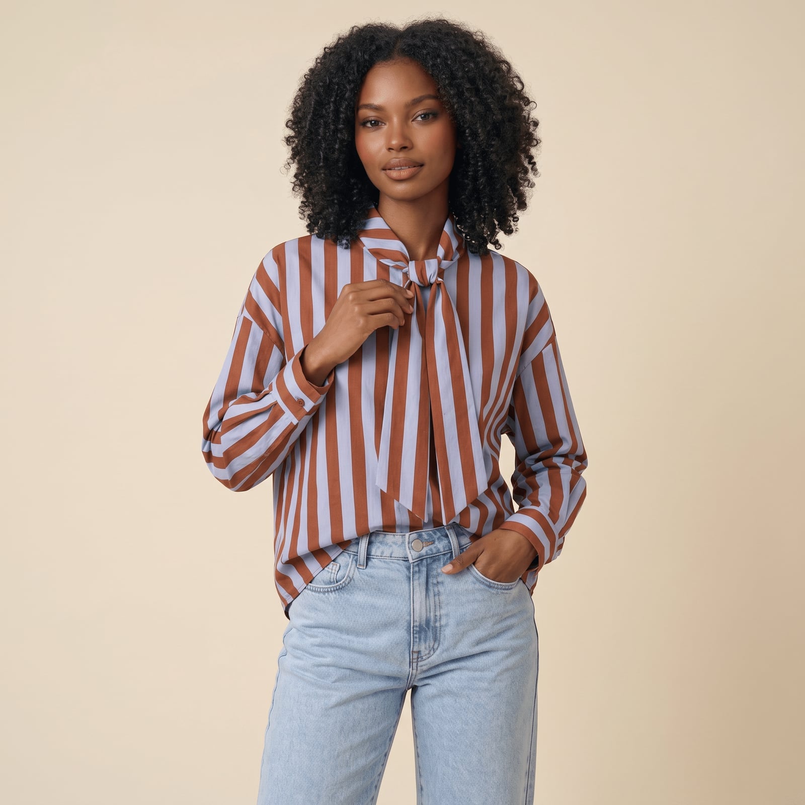 Brown Blue Striped Bow Blouse With Straight Leg Jeans Brown Blue Striped Bow Blouse With Straight Leg Jeans — Bow Blouse Outfits 2027