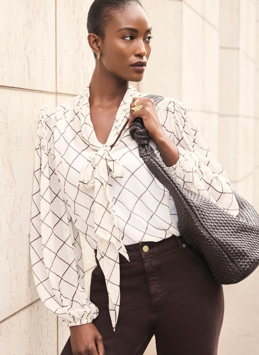 White Check Bow Blouse With Dark Brown Trousers, Gold Hoop Earrings White Check Bow Blouse With Dark Brown Trousers, Gold Hoop Earrings — Bow Blouse Outfits 2027