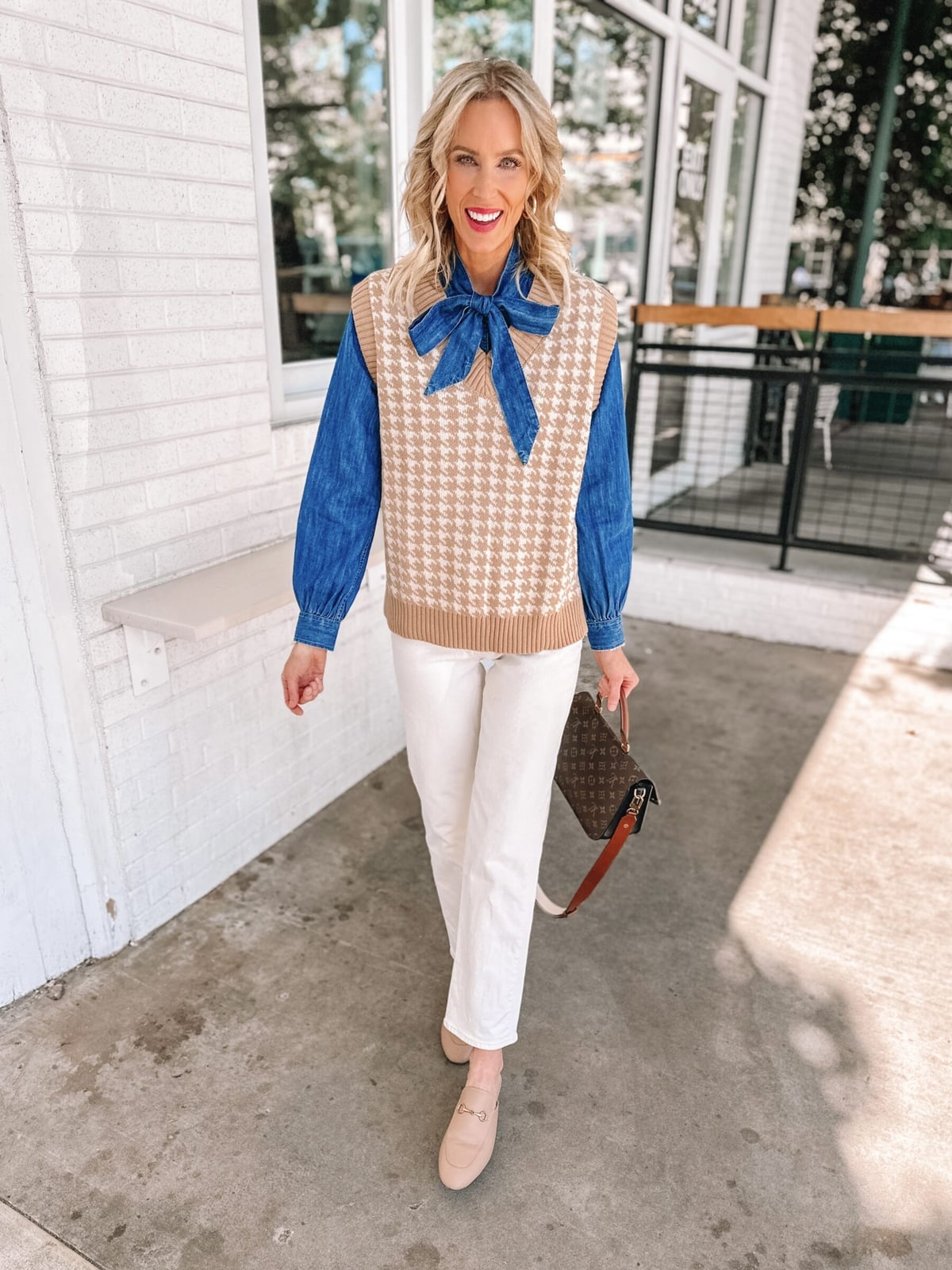 Denim Bow Blouse Under Sweater Vest, Straight Leg Jeans Denim Bow Blouse Under Sweater Vest, Straight Leg Jeans — Bow Blouse Outfits 2027