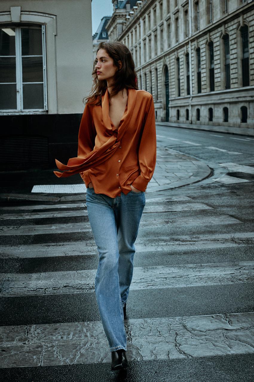Burnt Orange Satin Bow Blouse With Straight Leg Jeans, Close-Up Take Burnt Orange Satin Bow Blouse With Straight Leg Jeans, Close-Up Take — Bow Blouse Outfits 2027