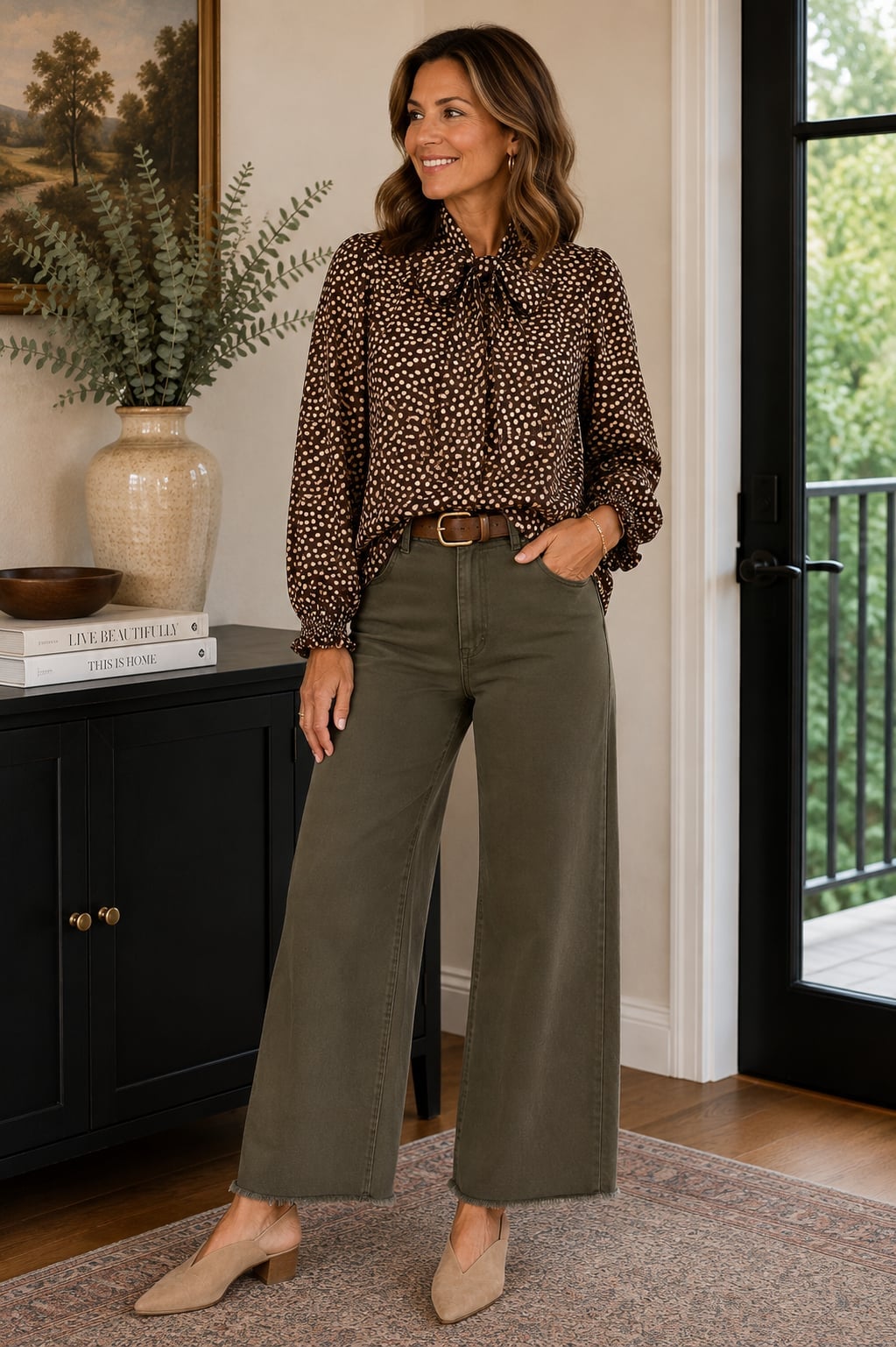 Brown Polka Dot Bow Blouse With Olive Green Trousers, Close-Up Take Brown Polka Dot Bow Blouse With Olive Green Trousers, Close-Up Take — Bow Blouse Outfits 2027
