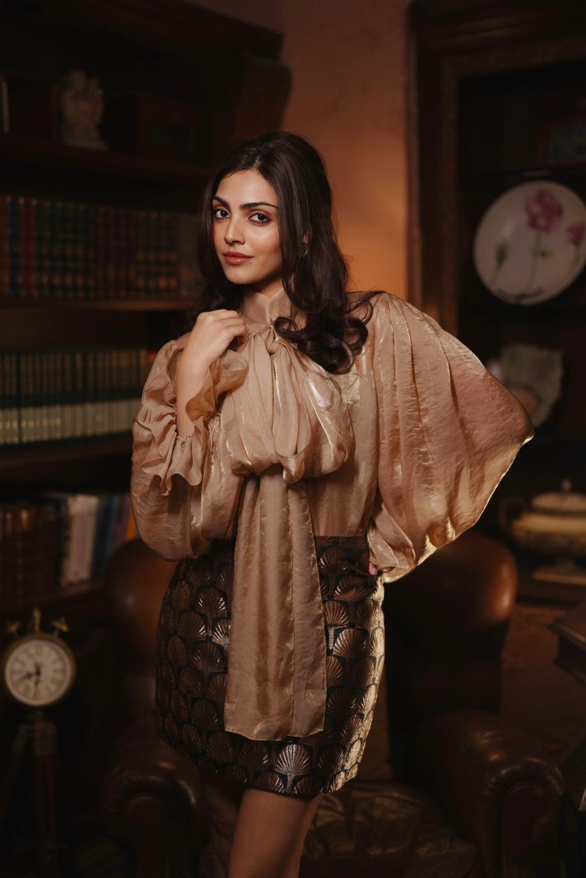 Champagne Satin Blouse With Metallic Brocade Skirt Champagne Satin Blouse With Metallic Brocade Skirt — Bow Blouse Outfits 2027