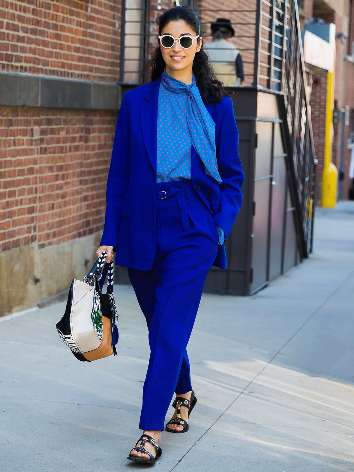 Royal Blue Suit With Printed Scarf, Black Sandals With Ankle Straps Royal Blue Suit With Printed Scarf, Black Sandals With Ankle Straps — Bow Blouse Outfits 2027