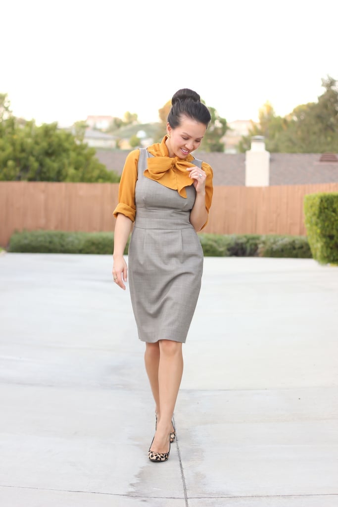 Mustard Bow Blouse Over Gray Dress, Leopard Print Heels Mustard Bow Blouse Over Gray Dress, Leopard Print Heels — Bow Blouse Outfits 2027