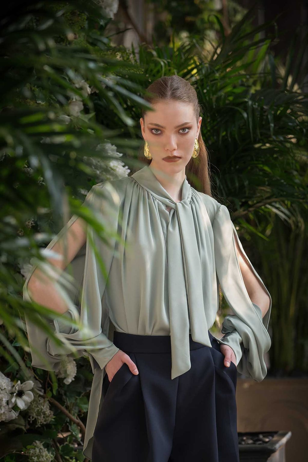 Seafoam Green Crepe Blouse With Dramatic Sleeves Seafoam Green Crepe Blouse With Dramatic Sleeves — Bow Blouse Outfits 2027
